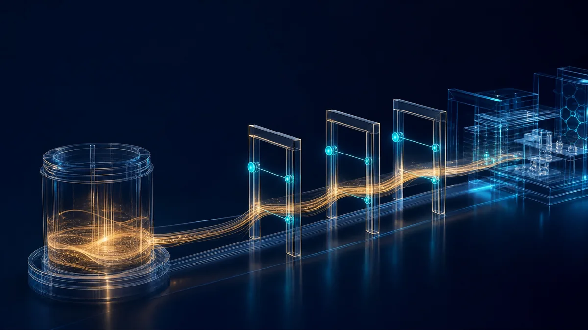Conceptual programme pipeline from cylinder through gates to a laboratory motif.