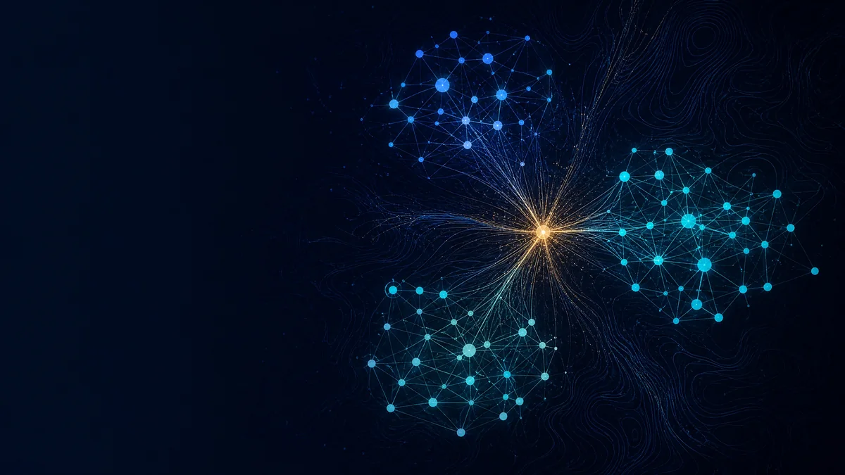 Three abstract research networks around a shared centre.