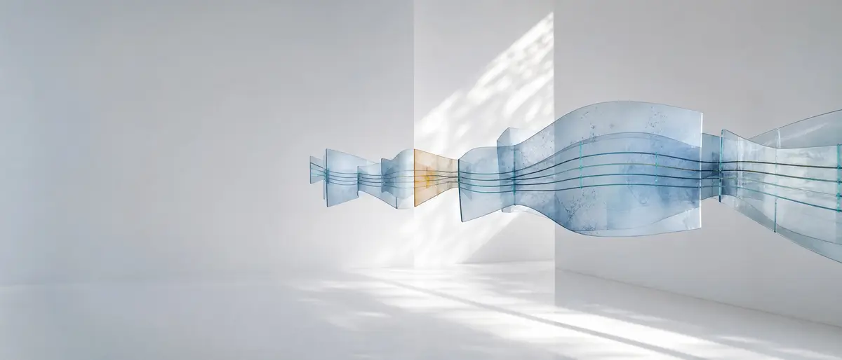 Translucent glass panels forming a sequence of thresholds in a light room.