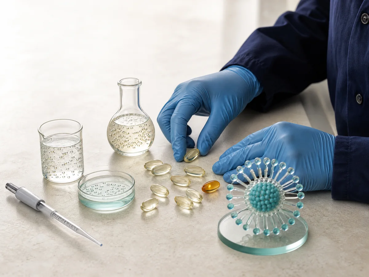 Gloved hands arranging translucent softgel prototypes and lipid formulation materials on a bright workbench.