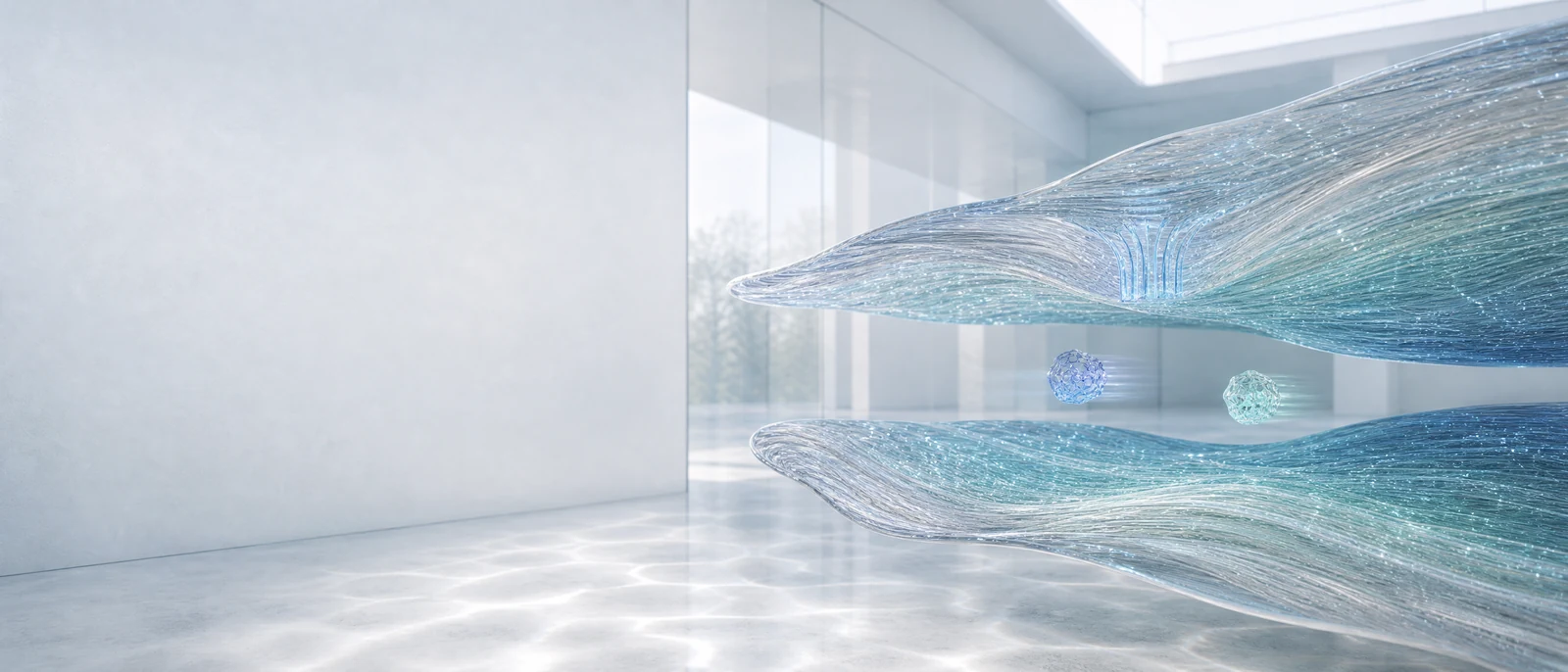 Two long translucent membrane shapes face each other across a narrow gap holding two small signalling-molecule forms, in a bright room.