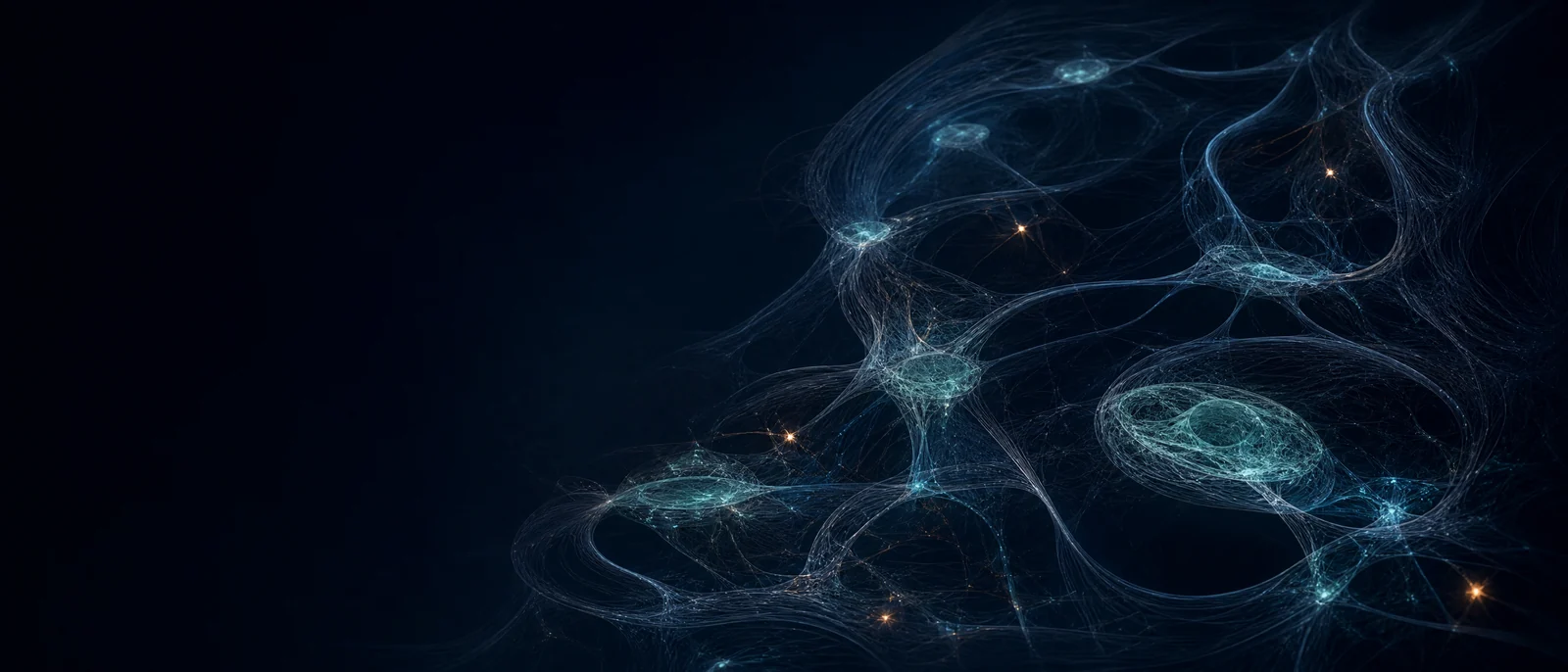 An abstract dark landscape of glowing turquoise fibre clusters separated by unlit gaps, with a few amber points.